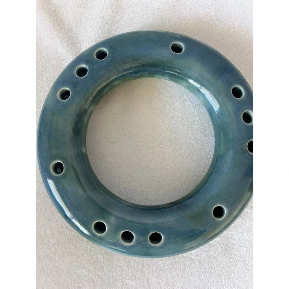 Pottery Ikebana Ring Vase Artist Signed Natural Minimalist Blue Green MCM